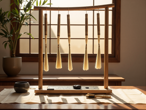 运齐八大守护神挂件展示，精雕细琢的木质挂饰搭配流苏，悬挂在古典风格的展示架上